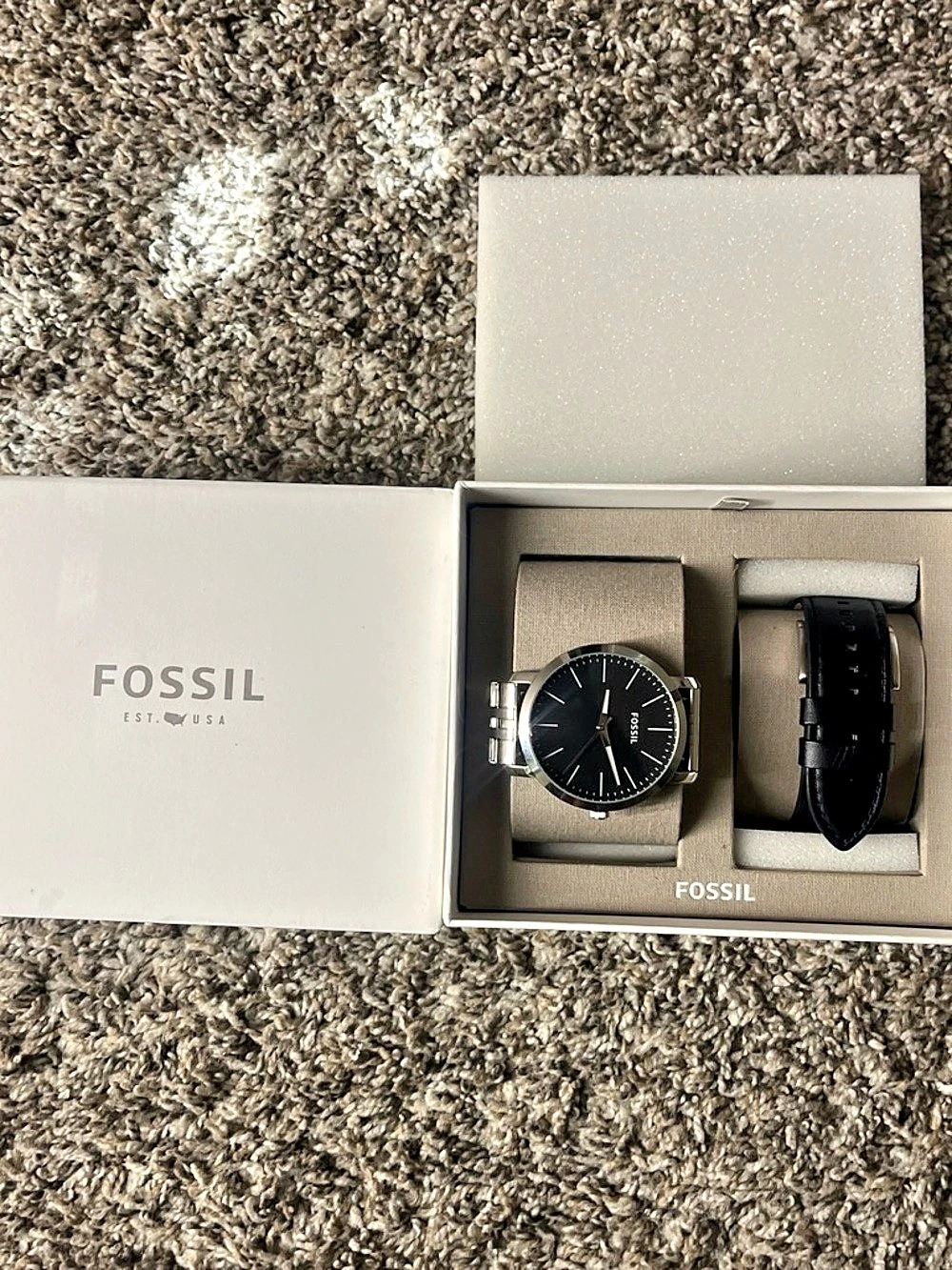 Fossil Black & Silver Watch Set New